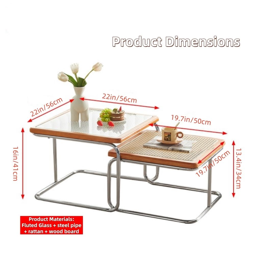 Set of 2 Square Nesting Coffee Tables Rattan Tempered Glass Brown A1616