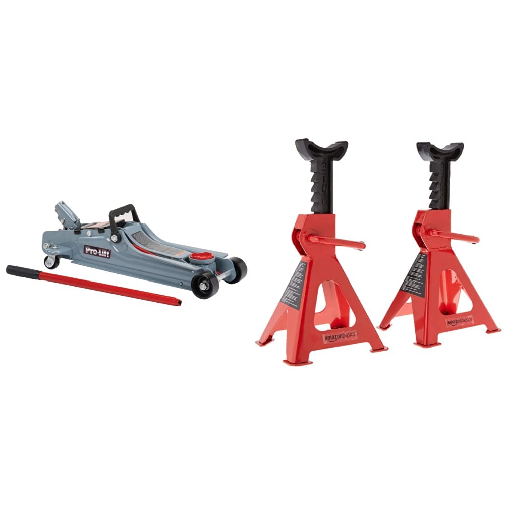 2 Ton Low Profile Floor Jack + 3 Ton Jack Stands, Black and Red M835
