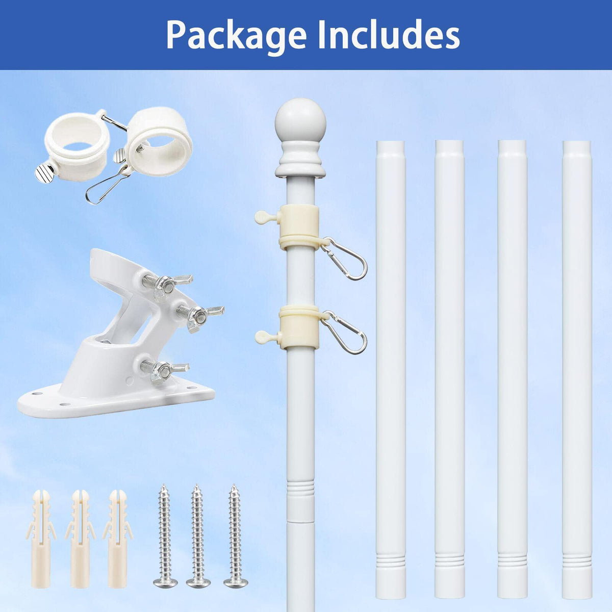 White 5-6ft Tangle Free Metal Flag Pole Kit D97726