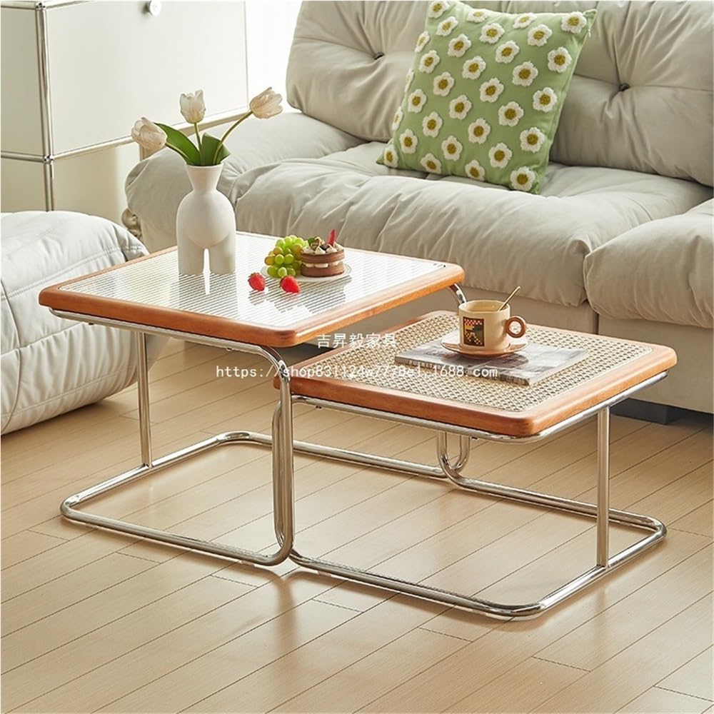 Set of 2 Square Nesting Coffee Tables Rattan Tempered Glass Brown A1616