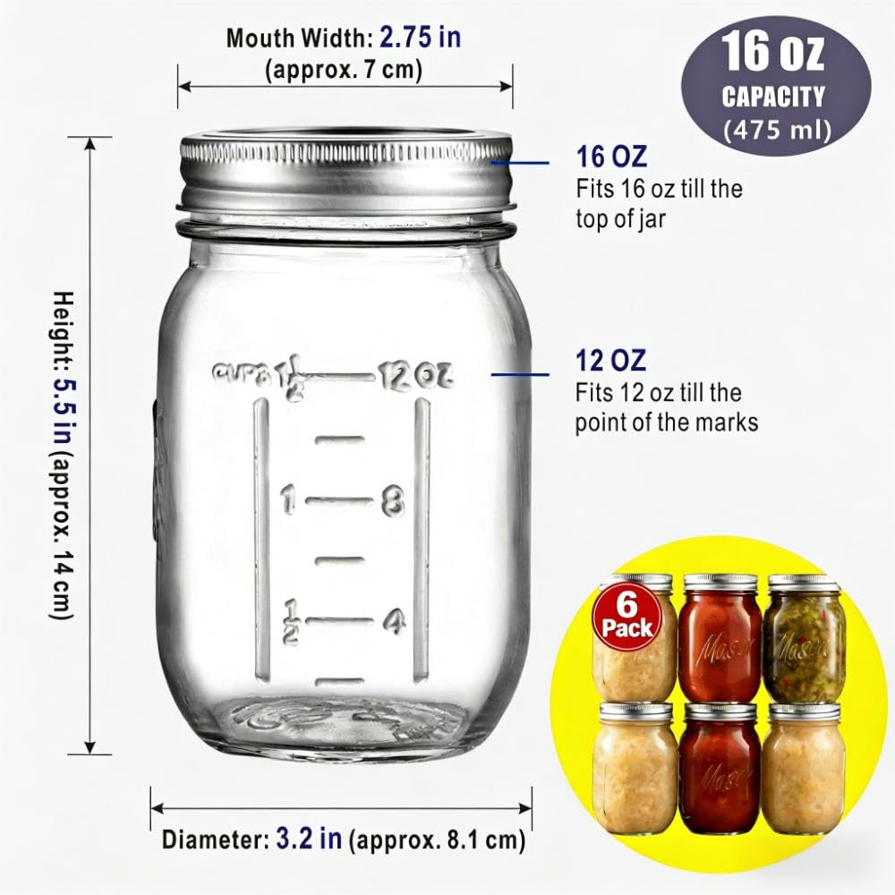 16 oz 6-Pack Regular Mouth Glass Mason Jars with Airtight Lids L879