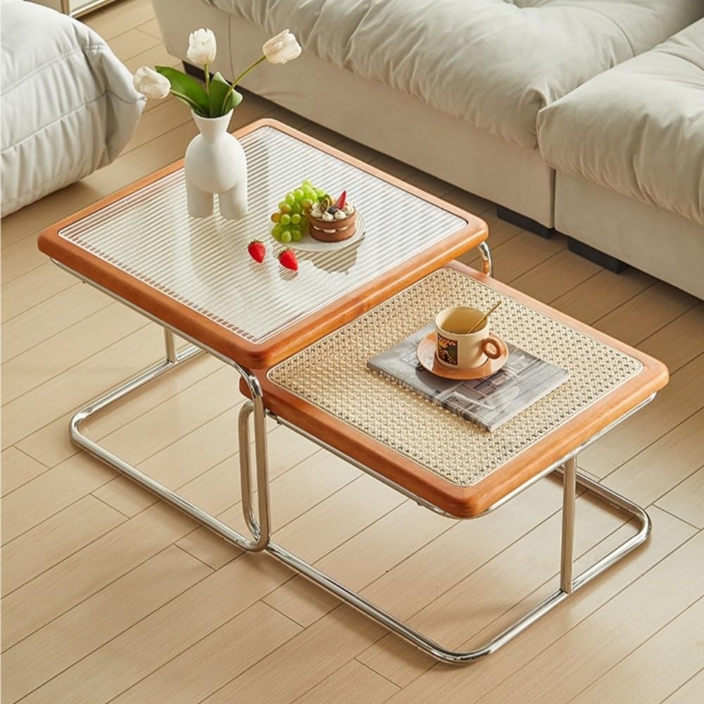 Set of 2 Square Nesting Coffee Tables Rattan Tempered Glass Brown A1616
