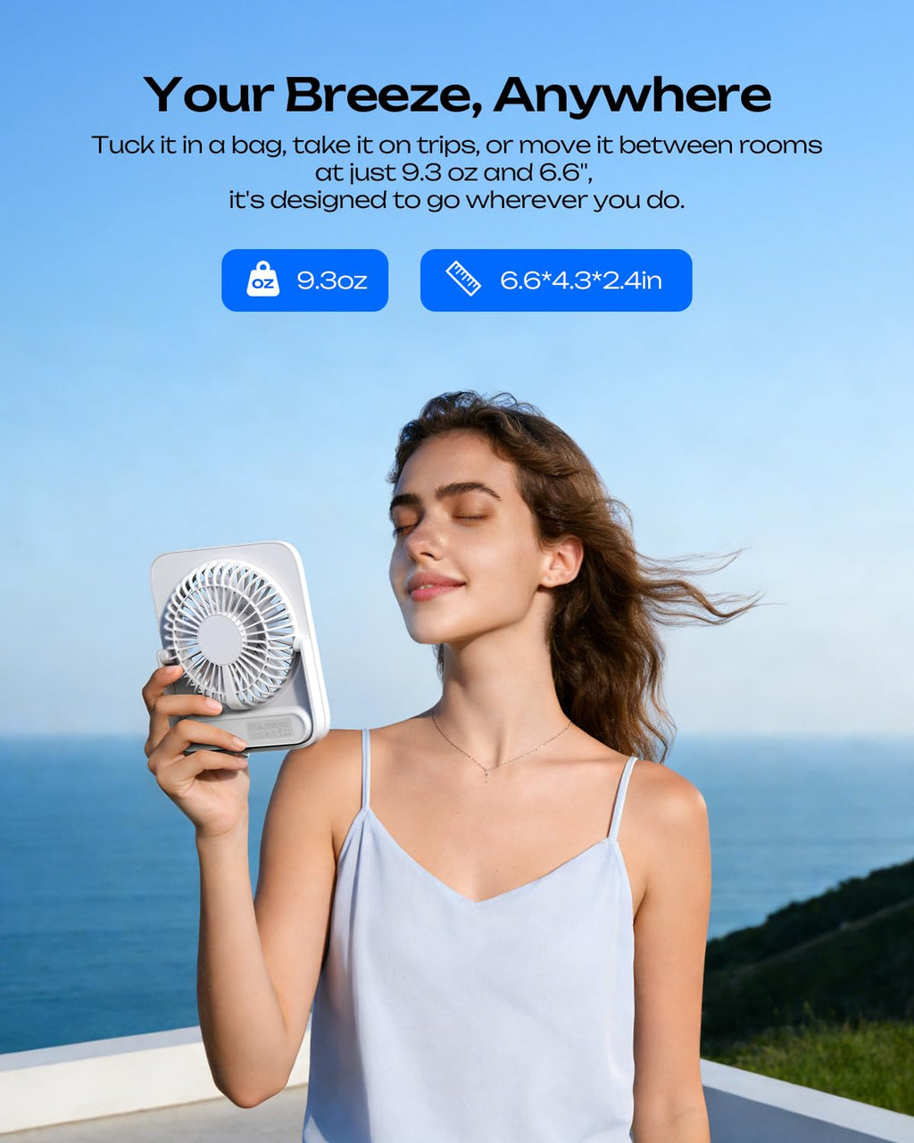 Portable Rechargeable Desk Fan 4000mAh 4-Speed 6.5 Inch White U334
