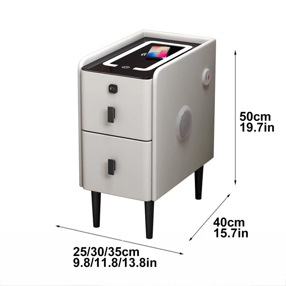 White Smart Nightstand with Fingerprint Lock, Wireless Charging, Speaker, USB Port, 3 LED Lights, 2 Storage Drawers P79544