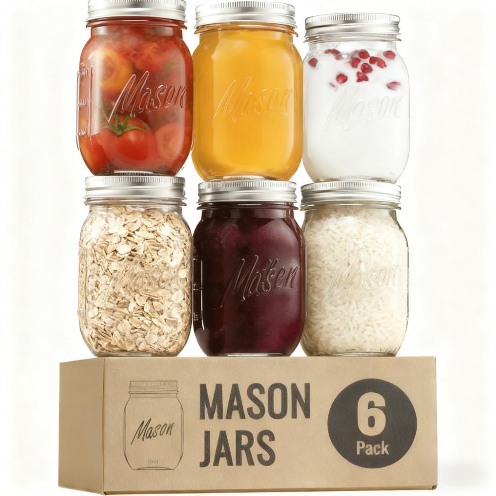 16 oz 6-Pack Regular Mouth Glass Mason Jars with Airtight Lids L879