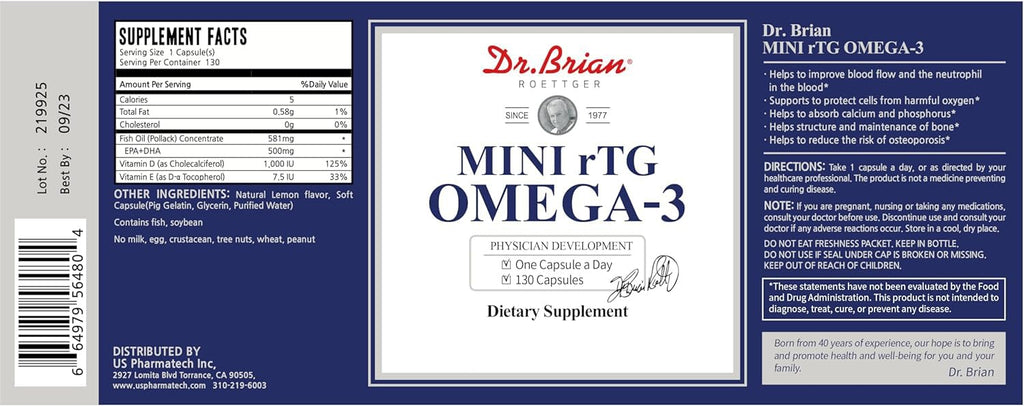 130 Softgel rTG Omega 3 Fish Oil Capsule with EPA/DHA Vitamin D E B1402