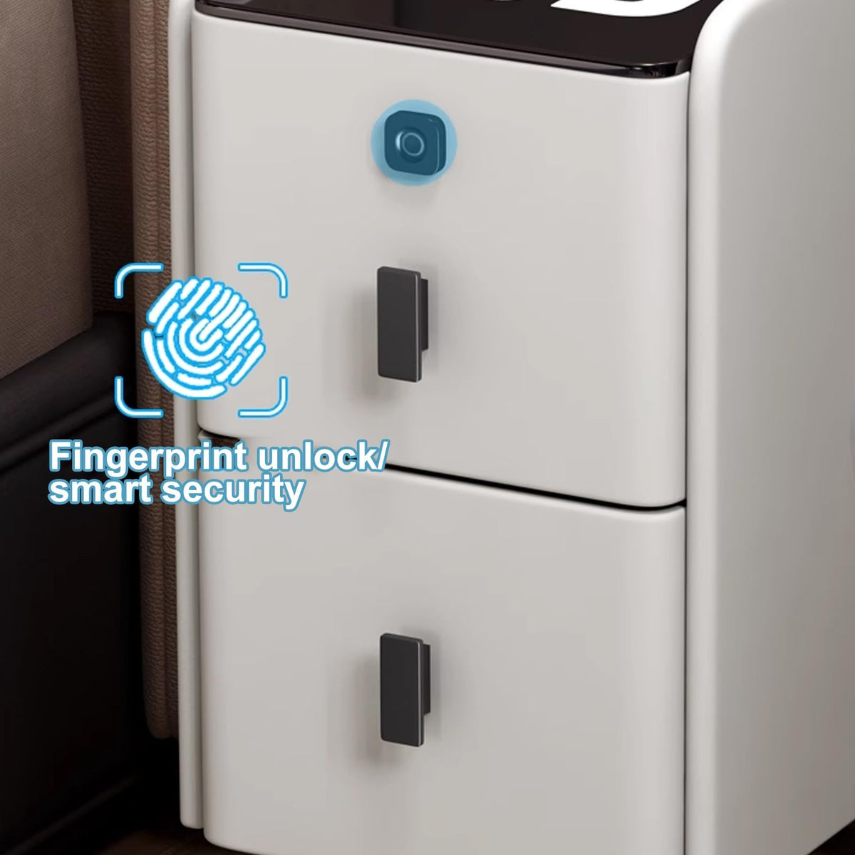 White Smart Nightstand with Fingerprint Lock, Wireless Charging, Speaker, USB Port, 3 LED Lights, 2 Storage Drawers P79544