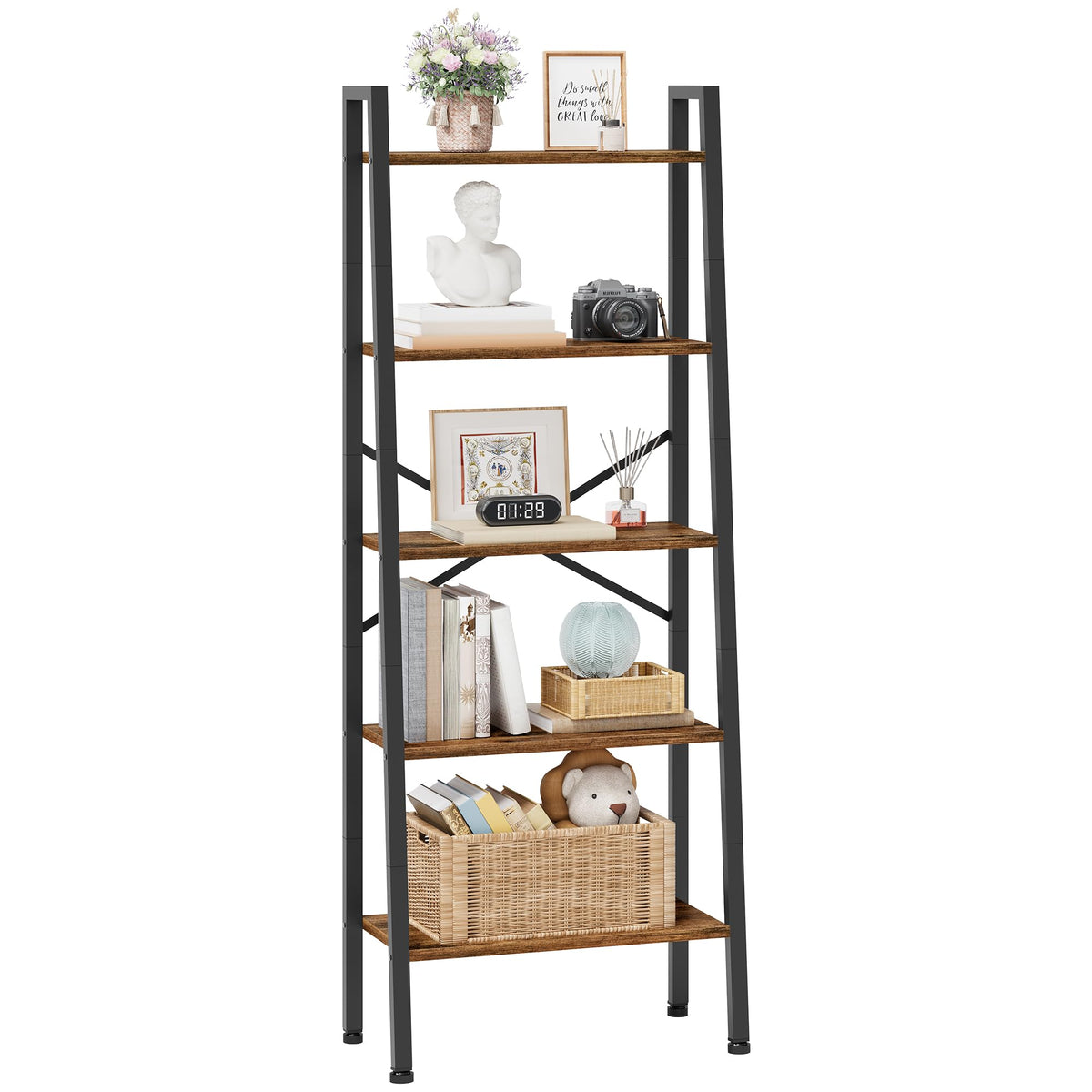 5-Tier Rustic Brown Metal Ladder Bookshelf U34202