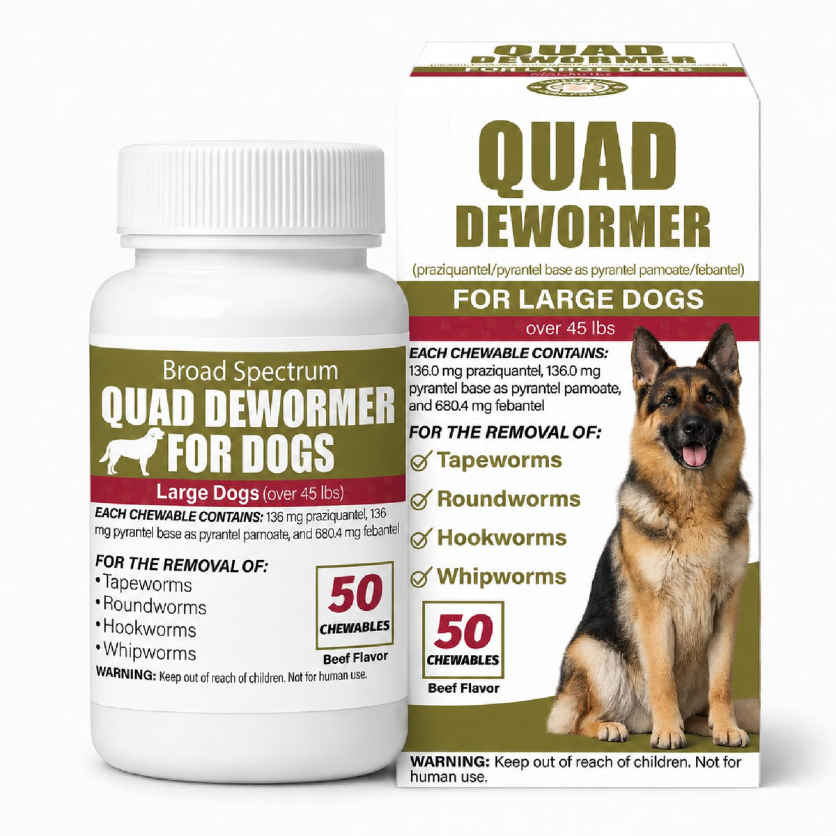 Chewable Dewormer for Dogs Over 45 lbs, 50 Beef Flavored Chewables L236