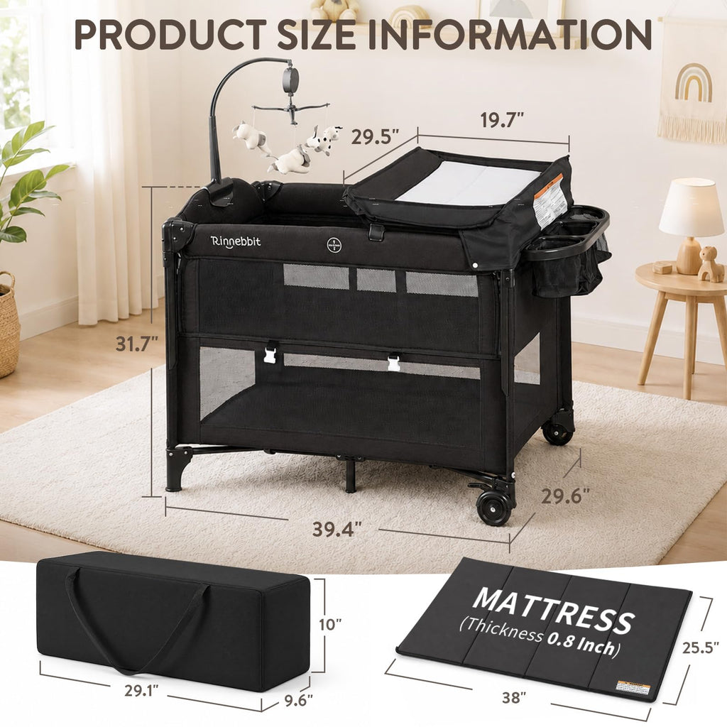4-in-1 Pack and Play, Baby Bassinet Bedside Sleeper, Black M953543
