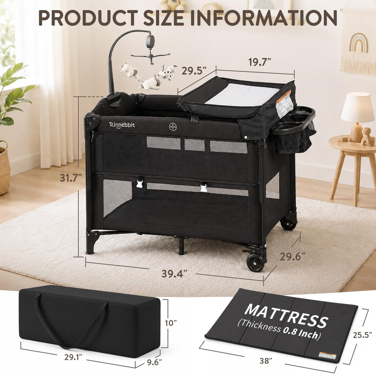 4-in-1 Pack and Play, Baby Bassinet Bedside Sleeper, Black M953543