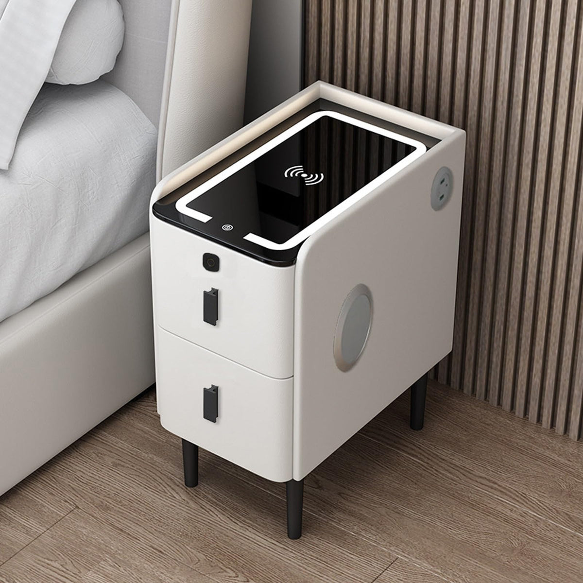 White Smart Nightstand with Fingerprint Lock, Wireless Charging, Speaker, USB Port, 3 LED Lights, 2 Storage Drawers P79544