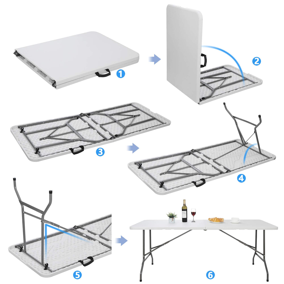 White 6Ft Heavy Duty Folding Picnic Table J723