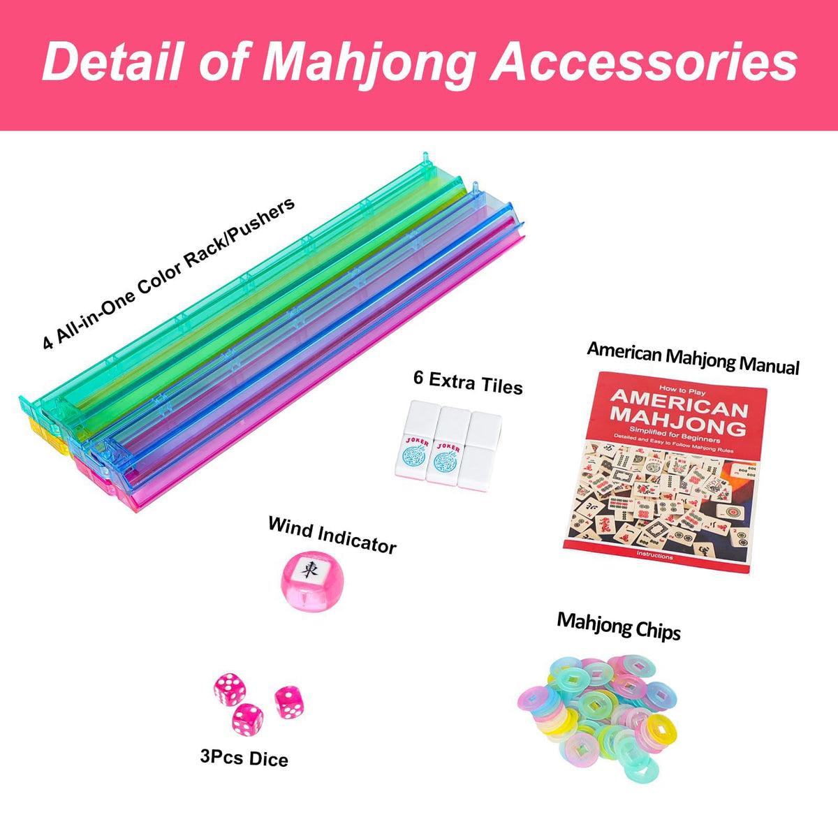 American Mahjong Game Set, 166 Pink Tiles, 4 All-in-One Color Rack/Pushers & Drawstring Bag W3149