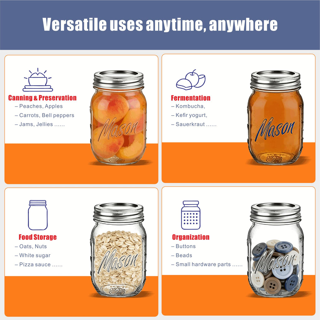 16 oz 6-Pack Regular Mouth Glass Mason Jars with Airtight Lids L879