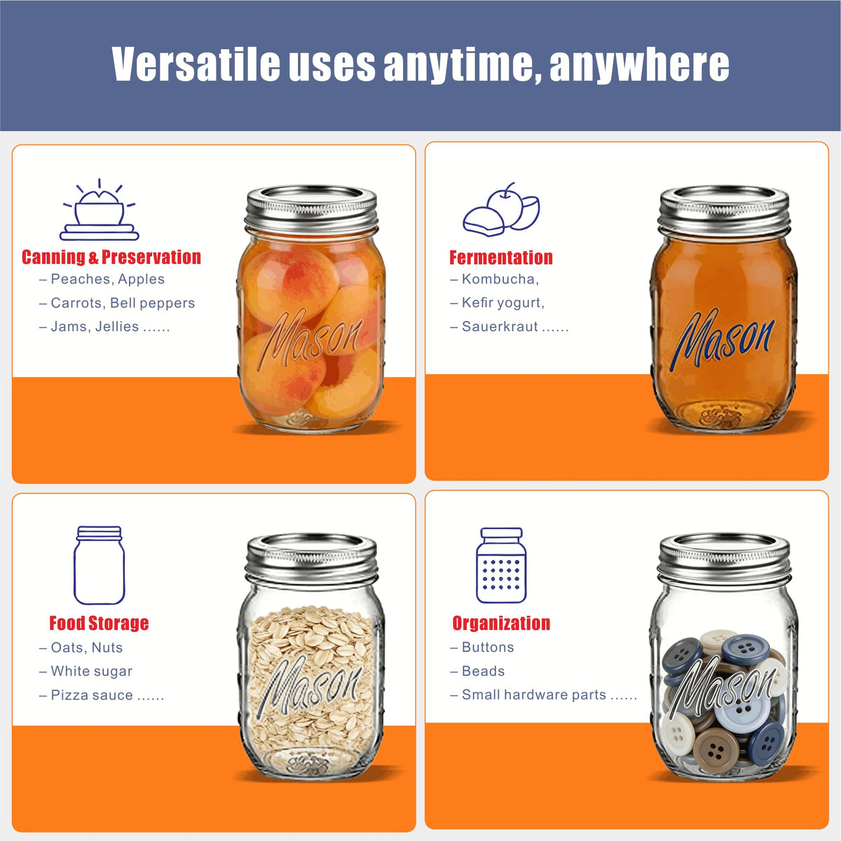 16 oz 6-Pack Regular Mouth Glass Mason Jars with Airtight Lids L879