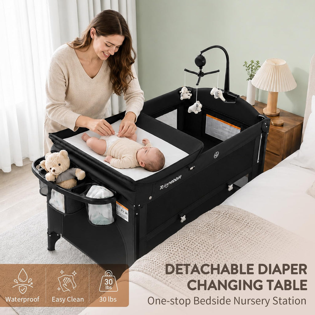 4-in-1 Pack and Play, Baby Bassinet Bedside Sleeper, Black M953543