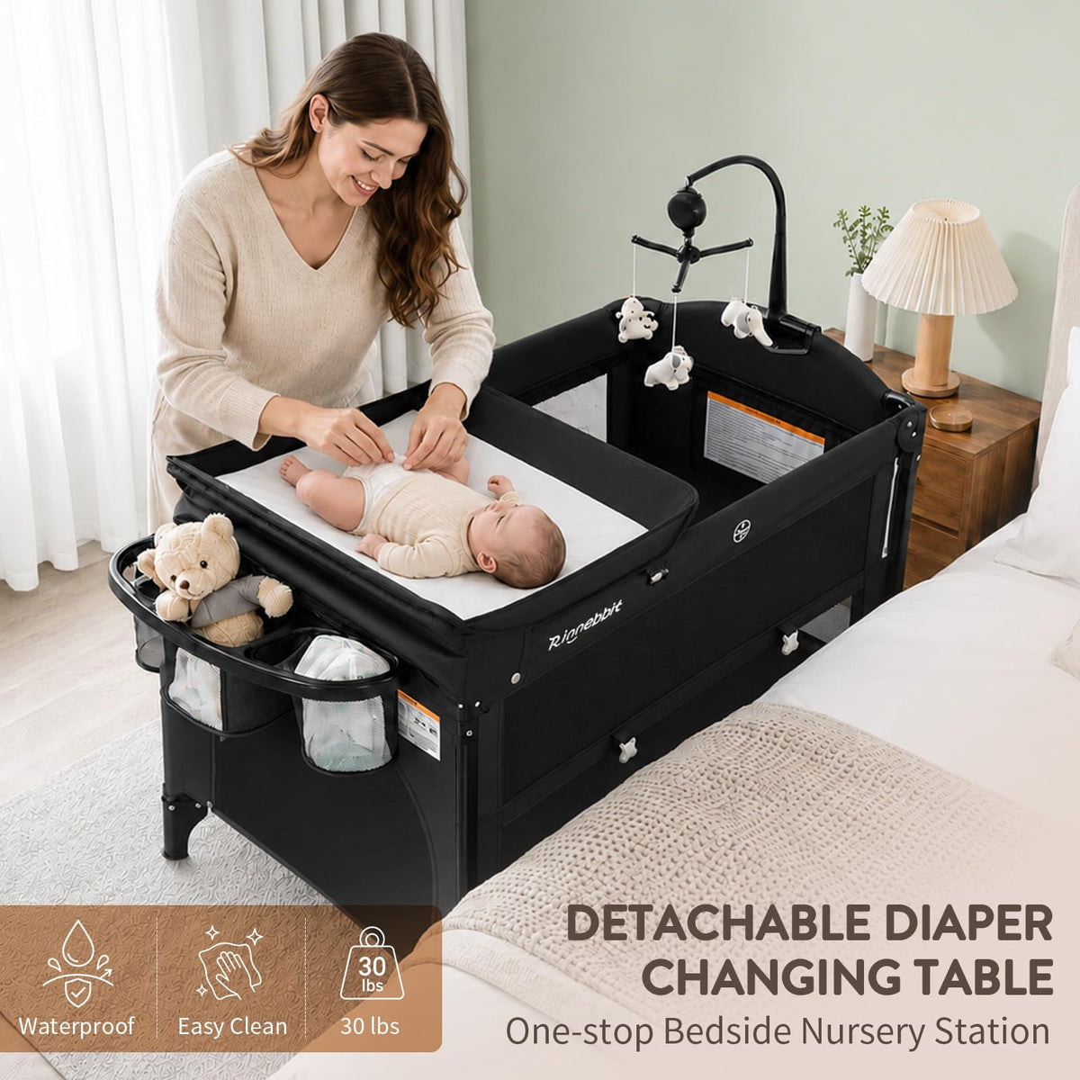 4-in-1 Pack and Play, Baby Bassinet Bedside Sleeper, Black M953543