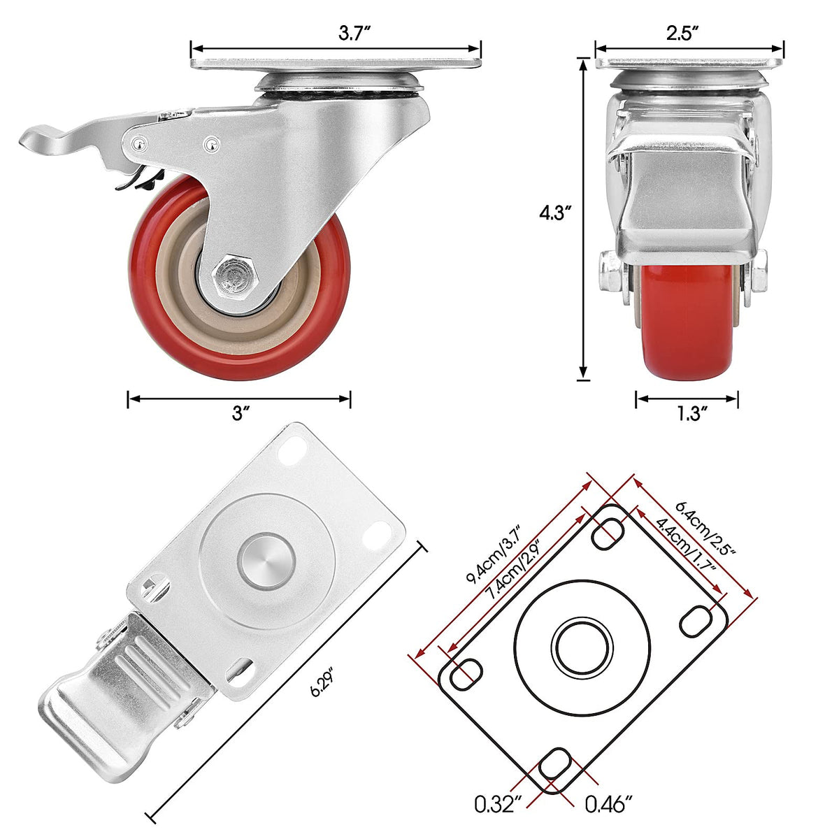 3 Inch Heavy Duty Swivel Caster Wheels with Brake, Set of 4 N425