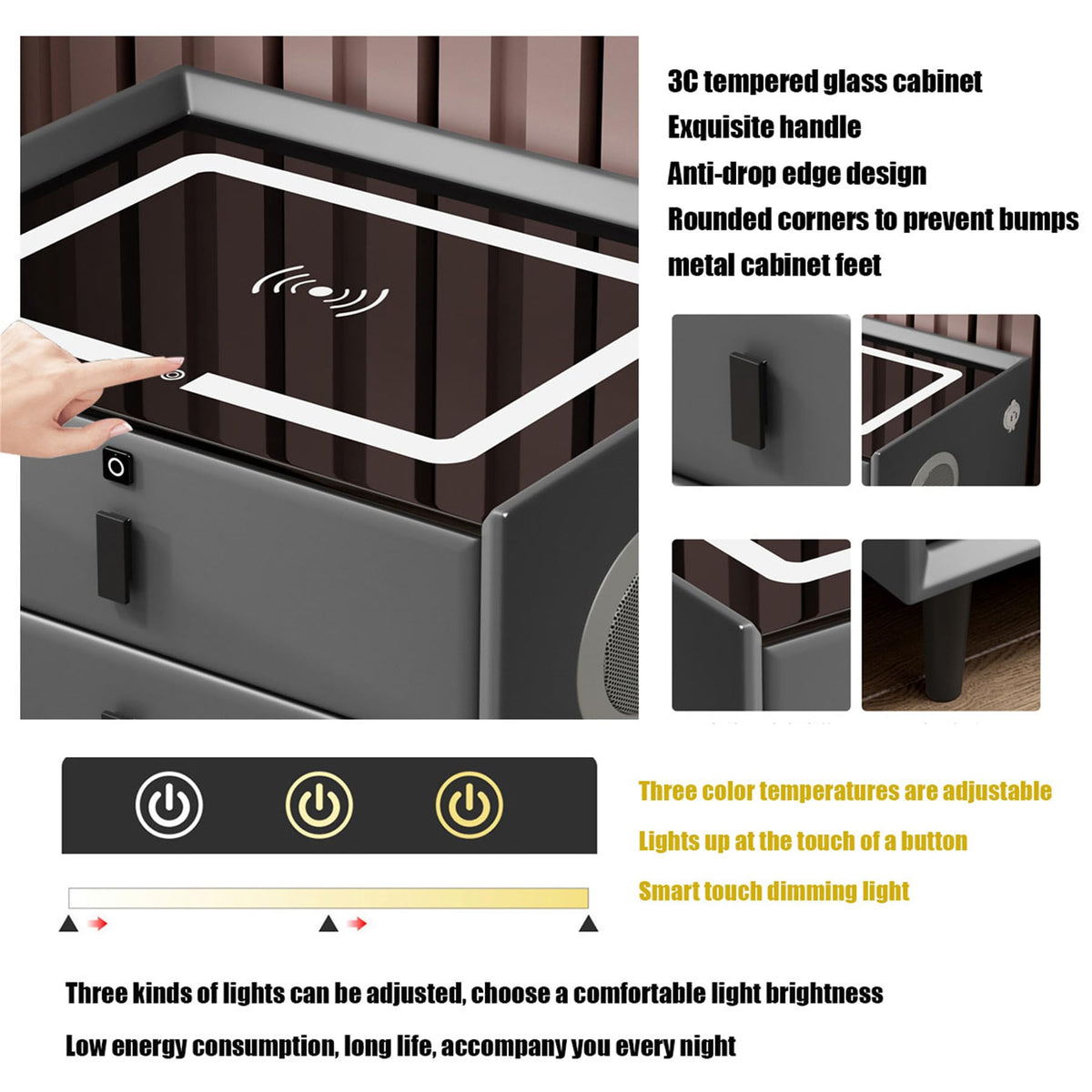 Gray Nightstand with Fingerprint Lock and Wireless Charging N345058