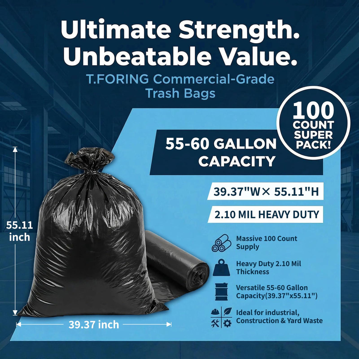 55-60 Gallon Heavy Duty Trash Bags, 2.1 Mil, 100 Count N25060