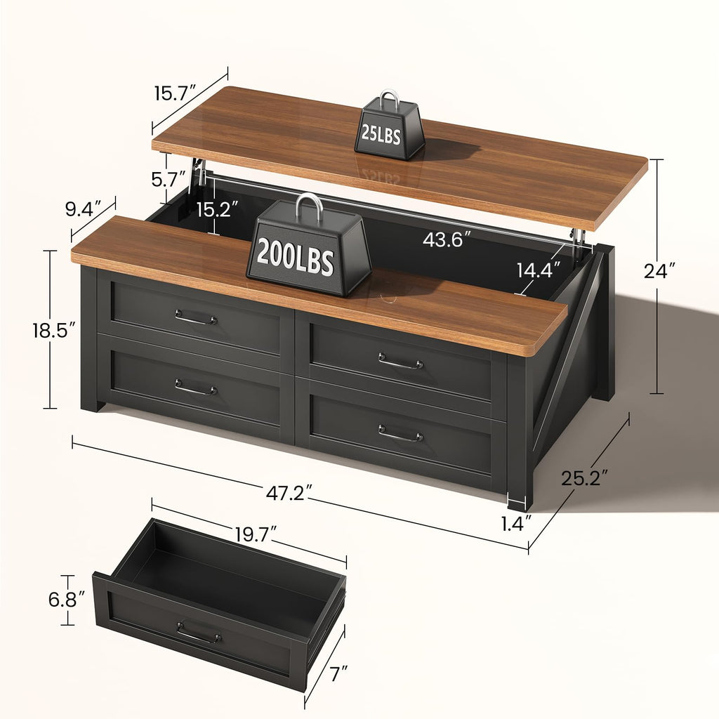 47.2" Lift Top Coffee Table with Storage, 4 Wood Drawers M3600