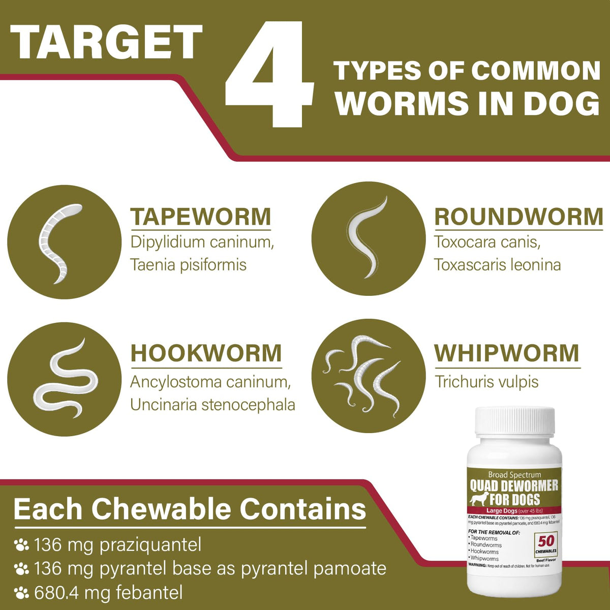 Chewable Dewormer for Dogs Over 45 lbs, 50 Beef Flavored Chewables L236