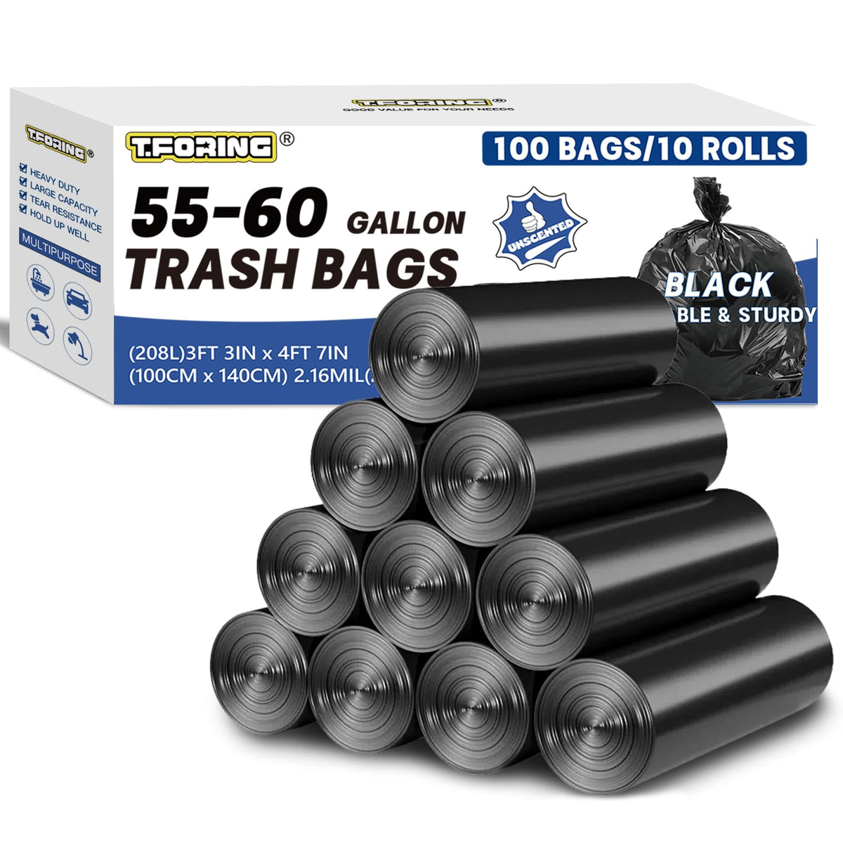 55-60 Gallon Heavy Duty Trash Bags, 2.1 Mil, 100 Count N25060