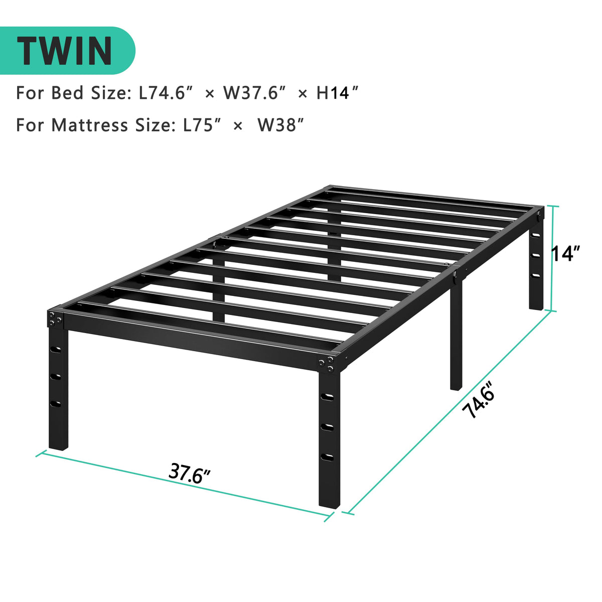 14 Inch Tall Black Metal Platform Twin Size Bed Frame C9389