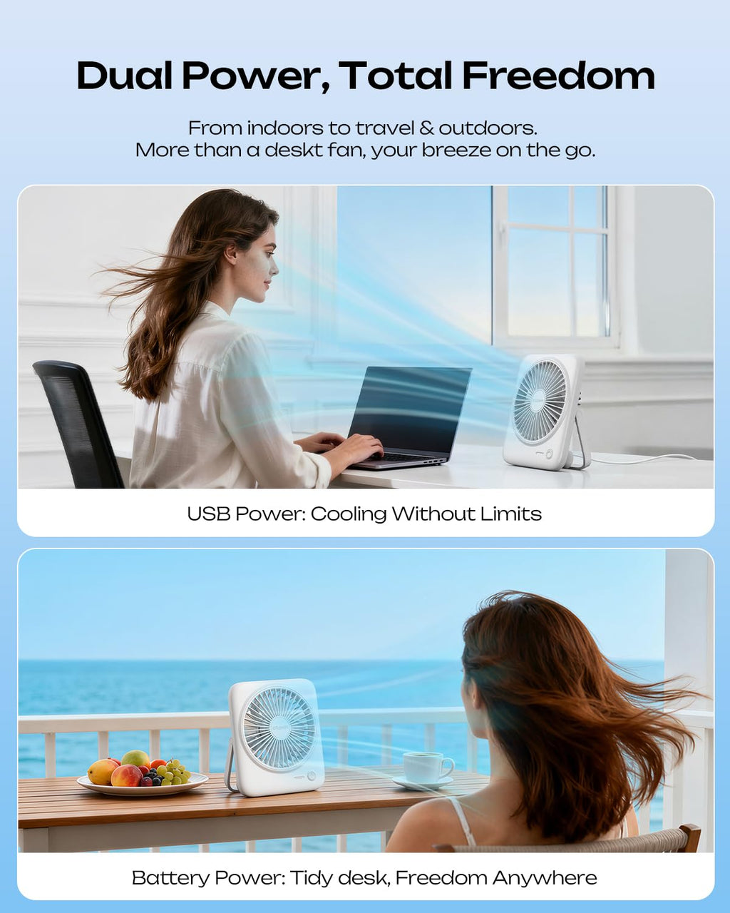 Portable Rechargeable Desk Fan 4000mAh 4-Speed 6.5 Inch White U334