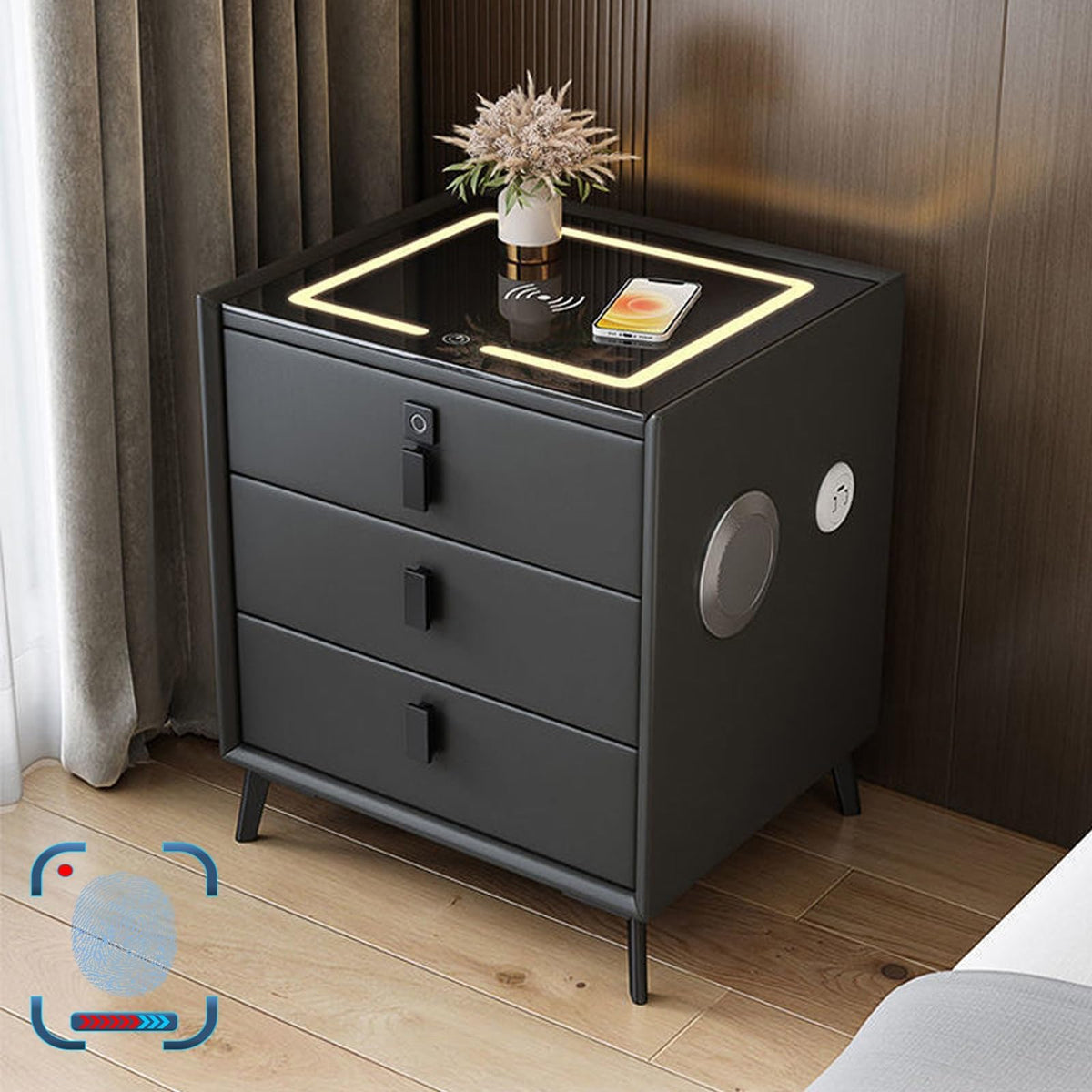 Gray Nightstand with Fingerprint Lock and Wireless Charging N345058