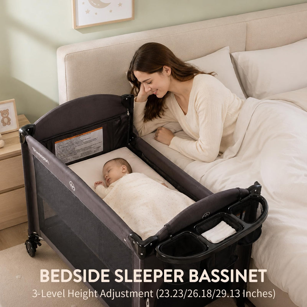 4-in-1 Pack and Play, Baby Bassinet Bedside Sleeper, Black M953543