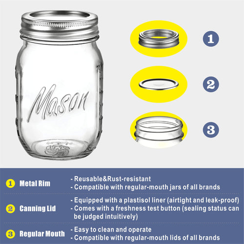 16 oz 6-Pack Regular Mouth Glass Mason Jars with Airtight Lids L879