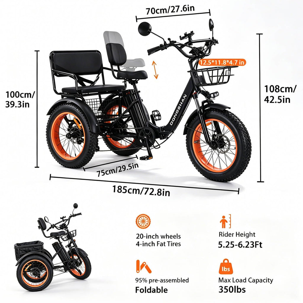 20” Fat Tire Folding 7-Speed Electric Tricycle with Rear Seat R91768