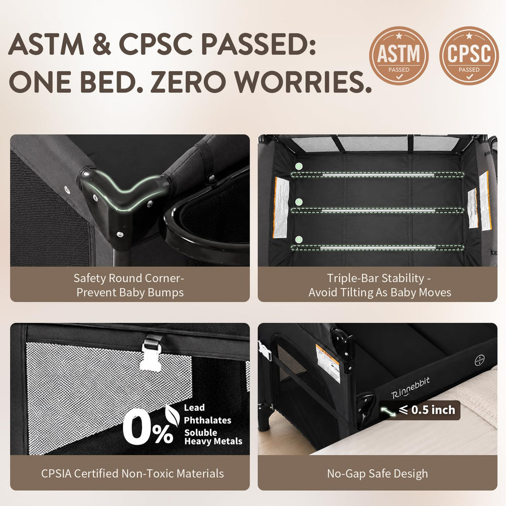 4-in-1 Pack and Play, Baby Bassinet Bedside Sleeper, Black M953543