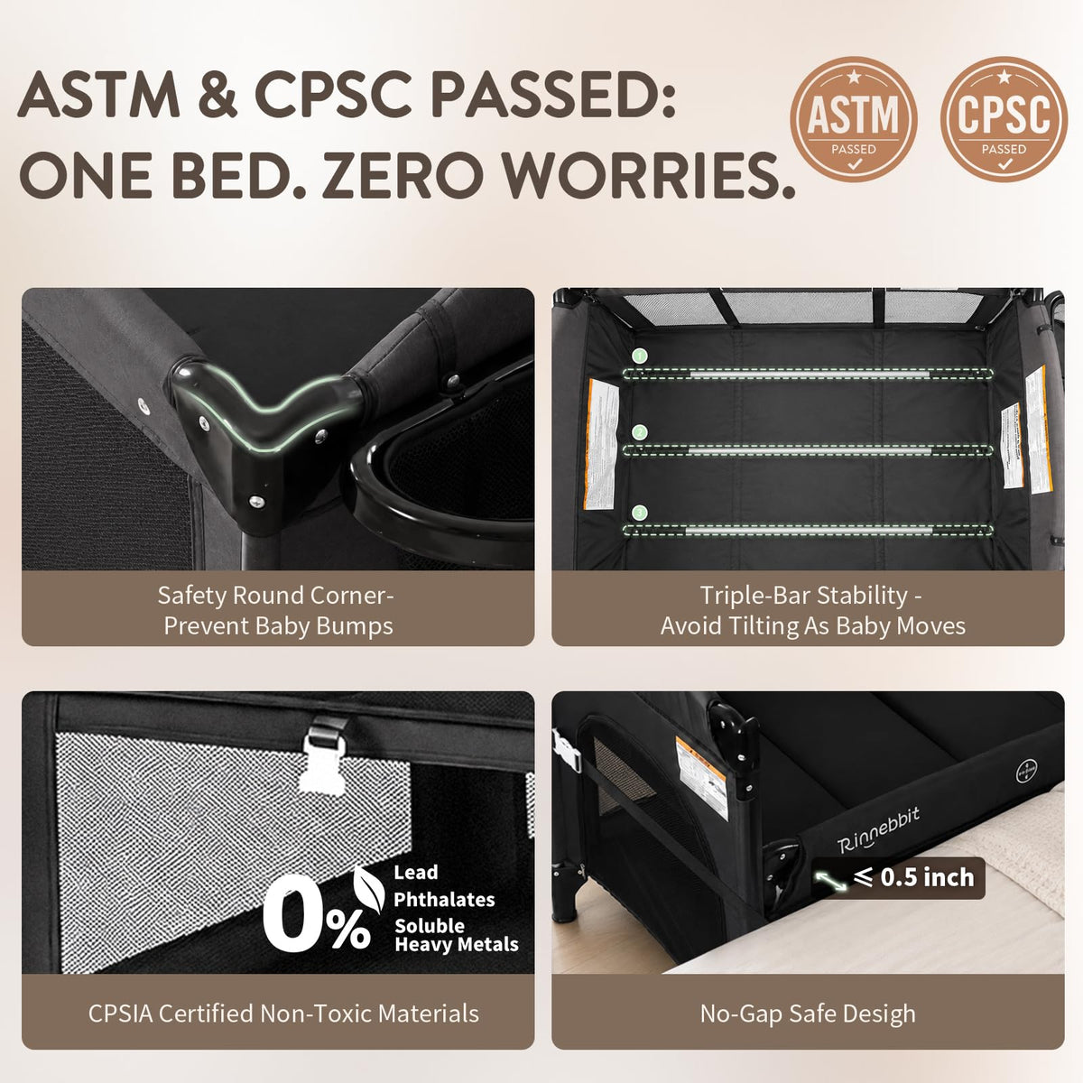 4-in-1 Pack and Play, Baby Bassinet Bedside Sleeper, Black M953543