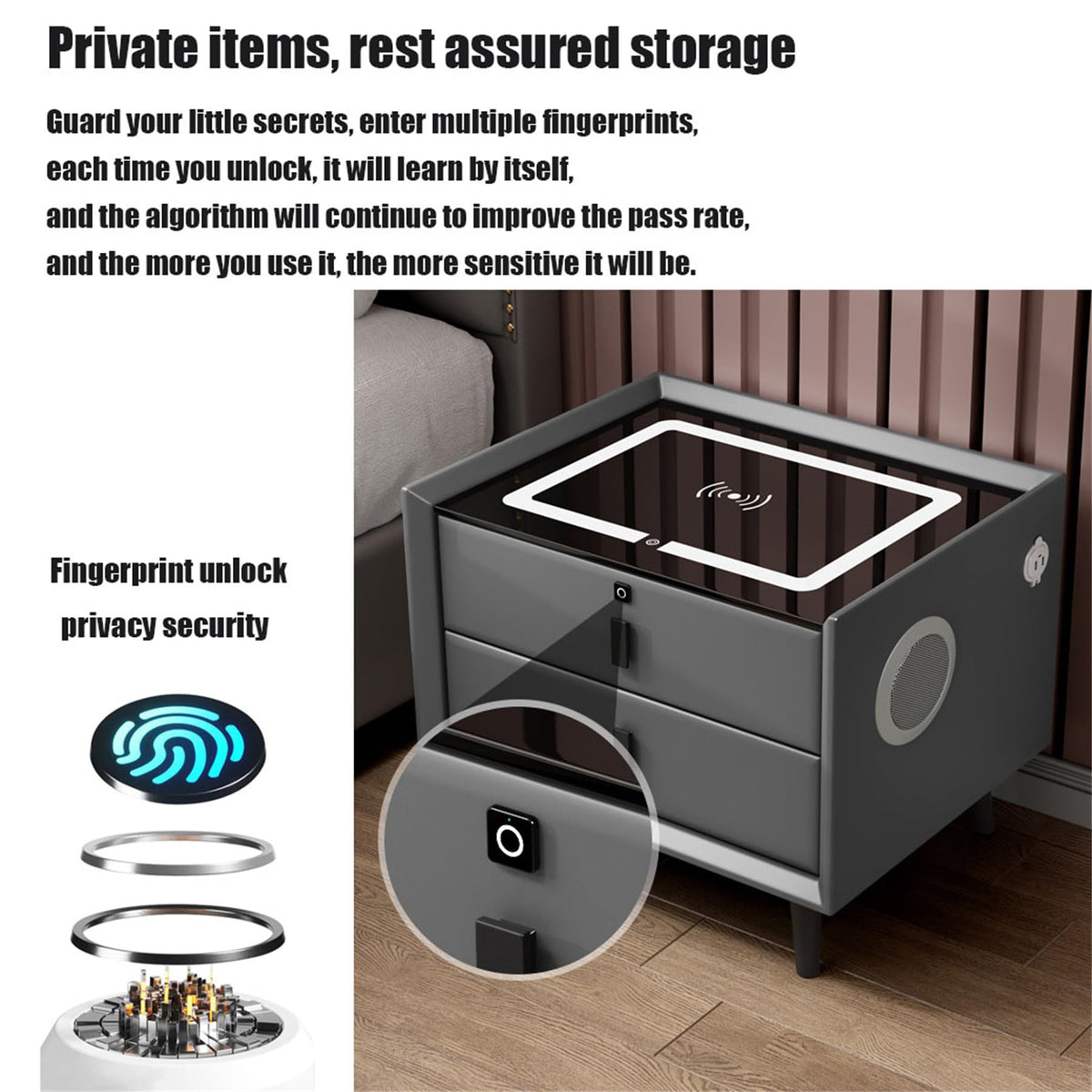 Gray Nightstand with Fingerprint Lock and Wireless Charging N345058