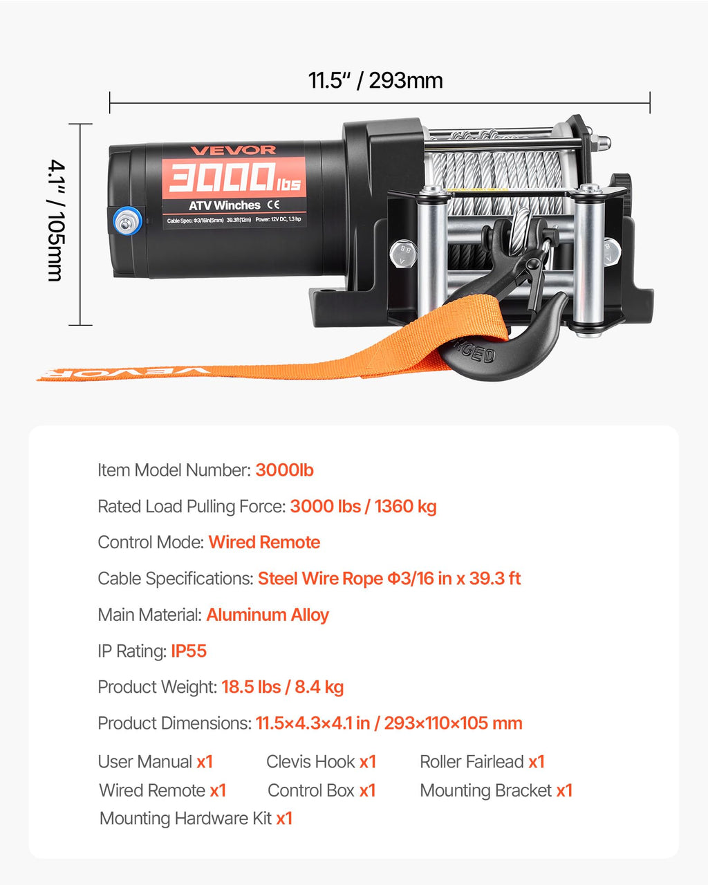 12V DC Electric Winch with Steel Wire Rope and Wired Remote Control I194506
