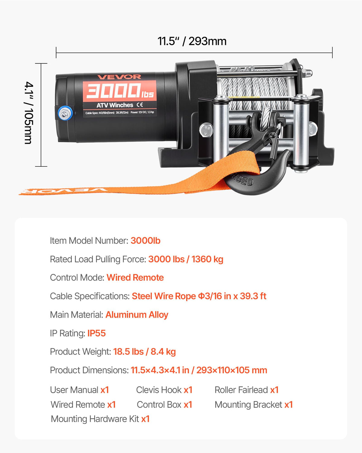 12V DC Electric Winch with Steel Wire Rope and Wired Remote Control I194506