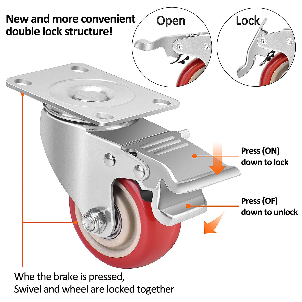 3 Inch Heavy Duty Swivel Caster Wheels with Brake, Set of 4 N425