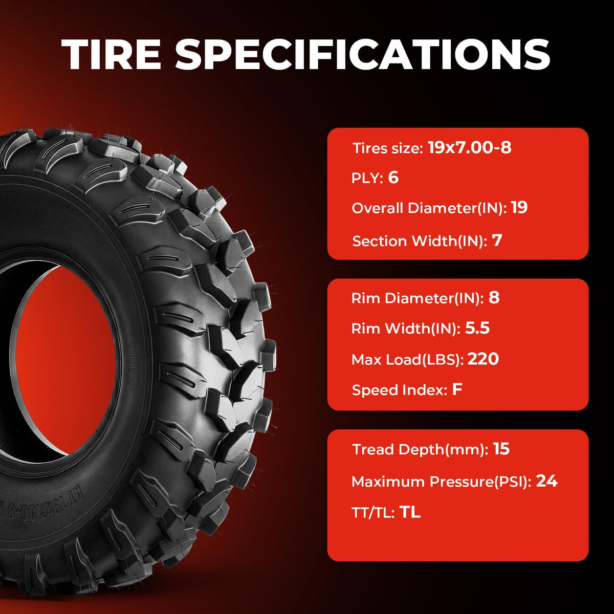 Set of 2 19x7-8 6 Ply Tubeless ATV Tires B4143