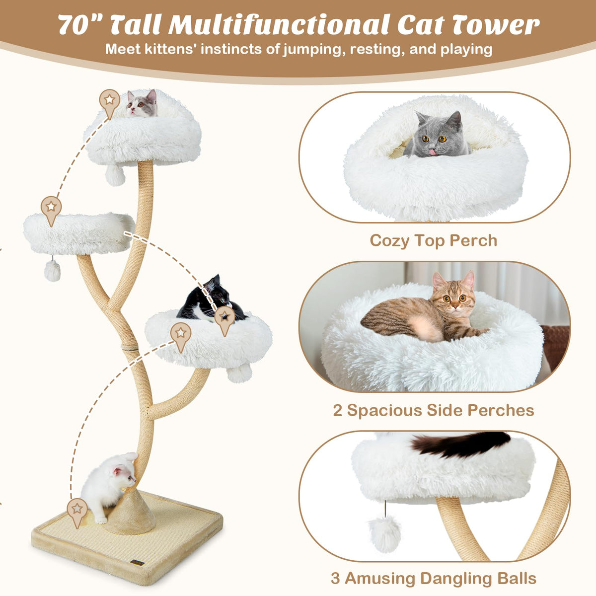 70" Tall Cat Tree with Scratching Posts and Board Q650