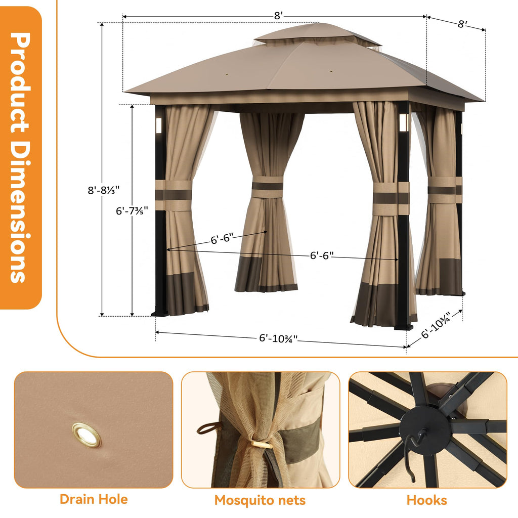 Khaki 8'x8' Outdoor Gazebo with LED Lights and Netting G40486