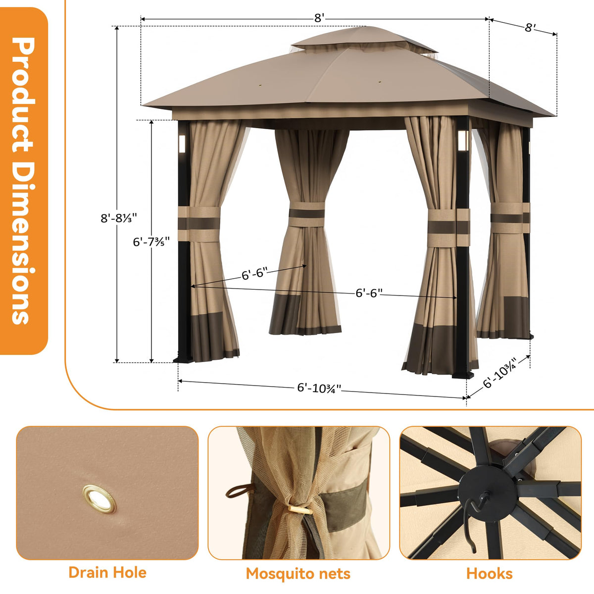 Khaki 8'x8' Outdoor Gazebo with LED Lights and Netting G40486