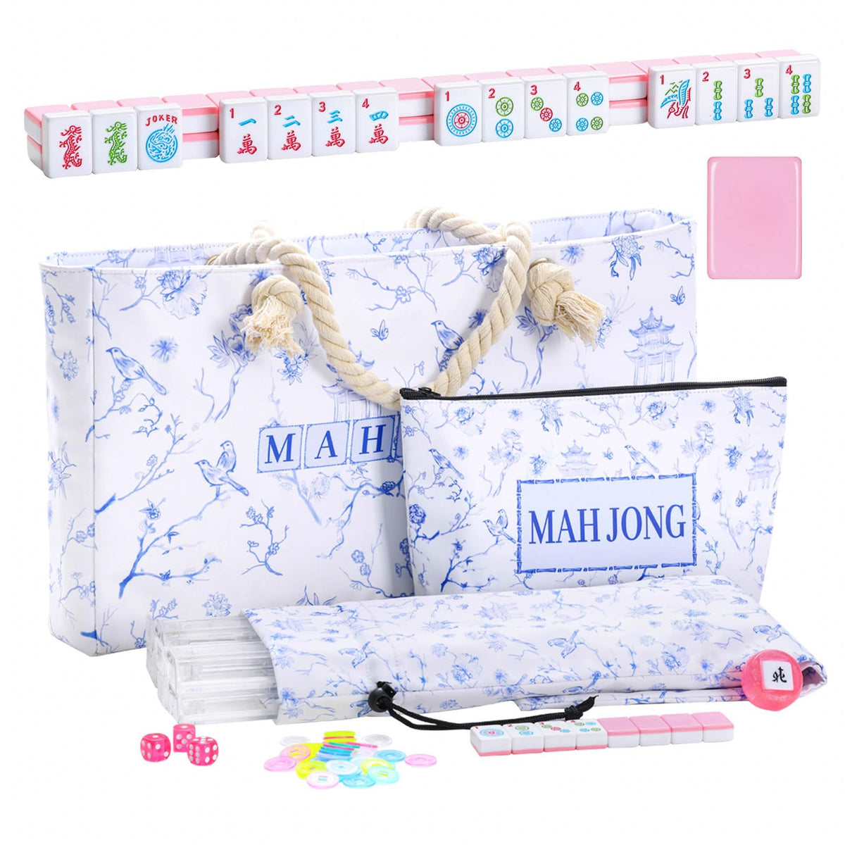 166 Pink Tiles Mahjong Set with 4 Clear Racks and Bag J6567