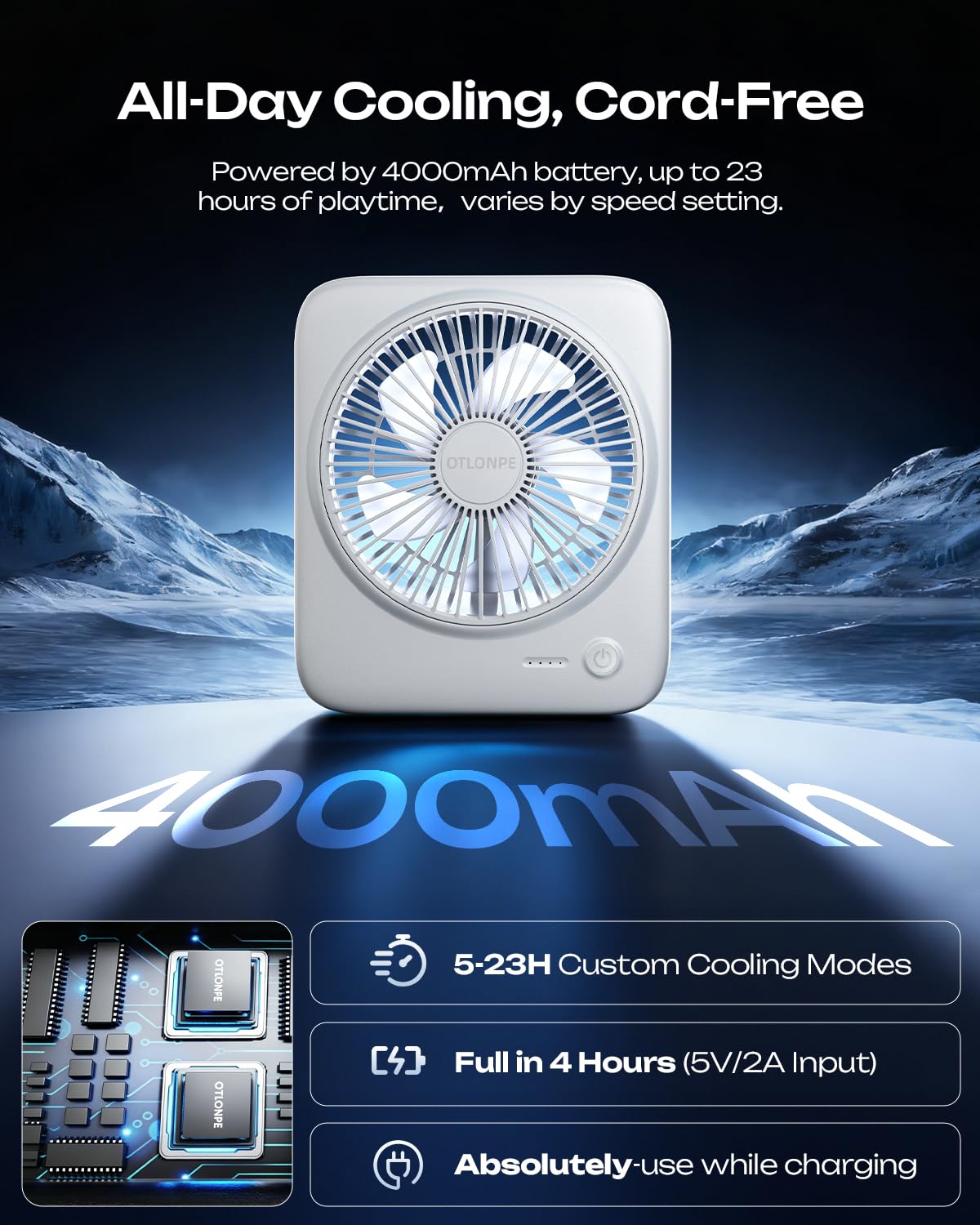 Portable Rechargeable Desk Fan 4000mAh 4-Speed 6.5 Inch White U334