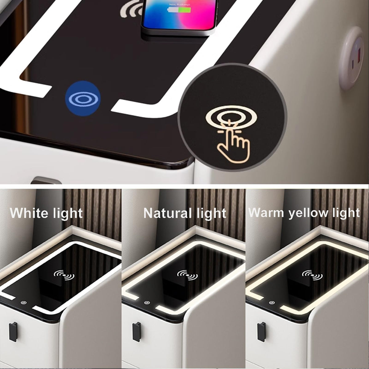 White Smart Nightstand with Fingerprint Lock, Wireless Charging, Speaker, USB Port, 3 LED Lights, 2 Storage Drawers P79544