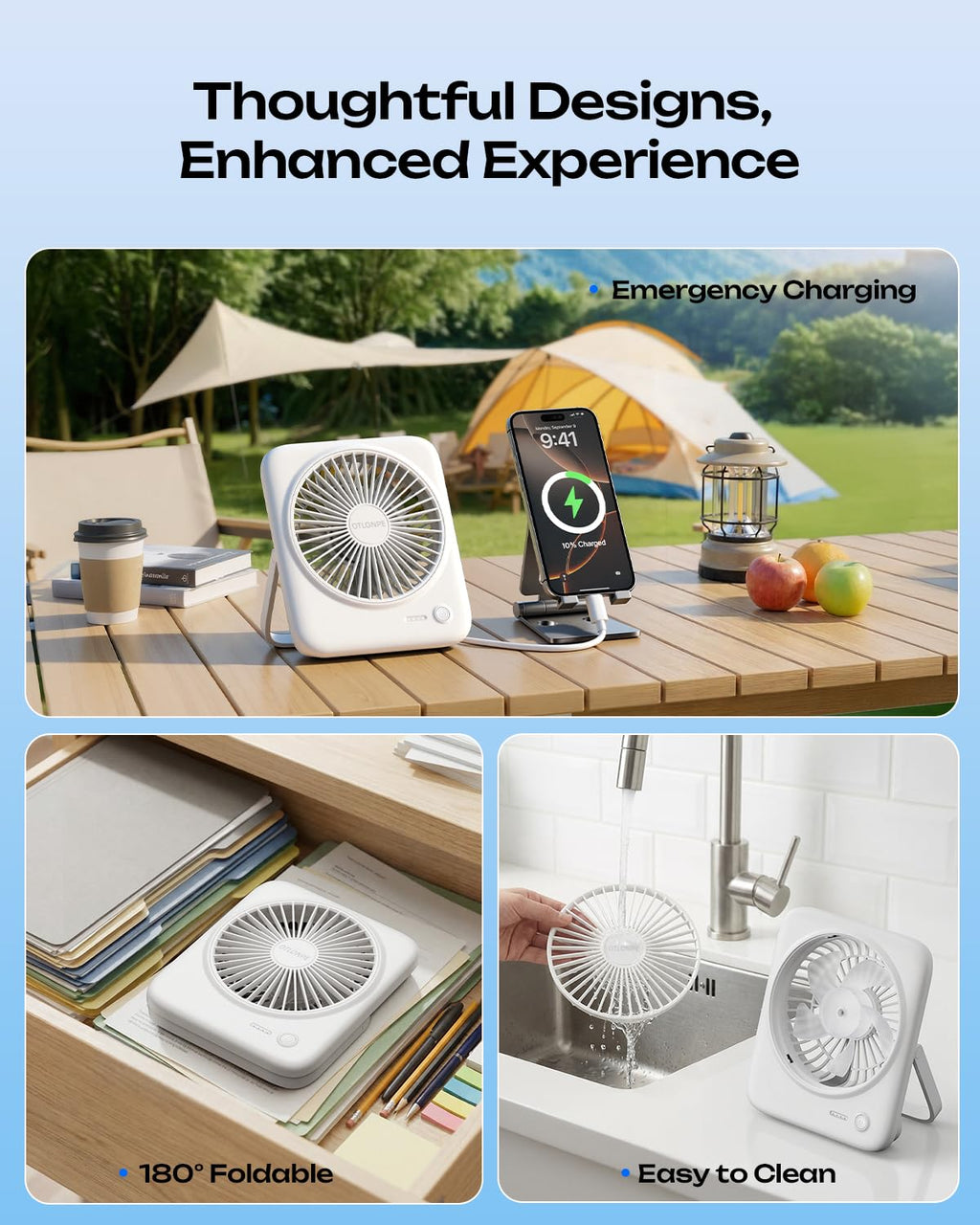 Portable Rechargeable Desk Fan 4000mAh 4-Speed 6.5 Inch White U334