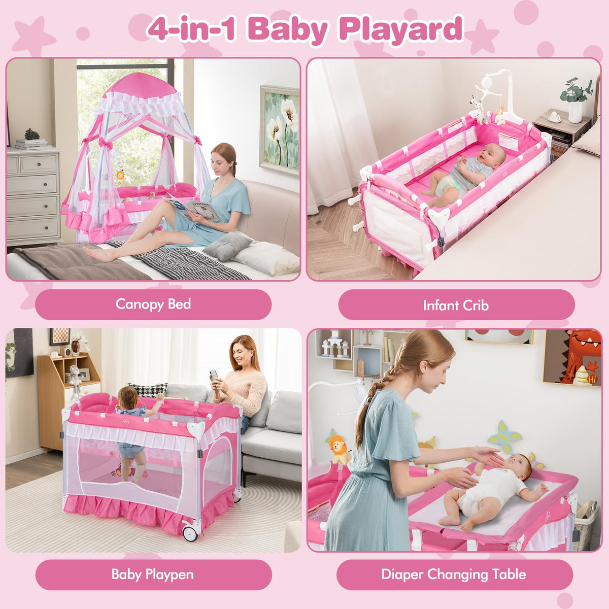 4-in-1 Baby Playard with Bassinet, Changing Table and Carry Bag W2874