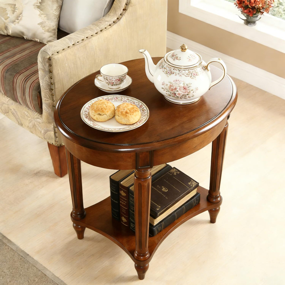 Oval Cherry Finish Wood End Table with Storage Shelf O606